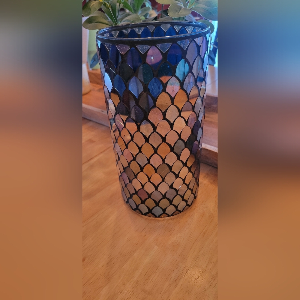 Pier 1 Blue and Taupe Mosaic Candleholder/Vase